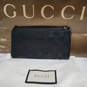 GUCCI GG Monogram Logo Black Leather Long Bifold Wallet 130590496334